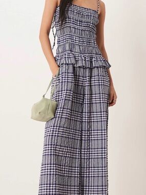 ASOS Navy and White Plaid Smocked Wide-Leg Jumpsuit NWT